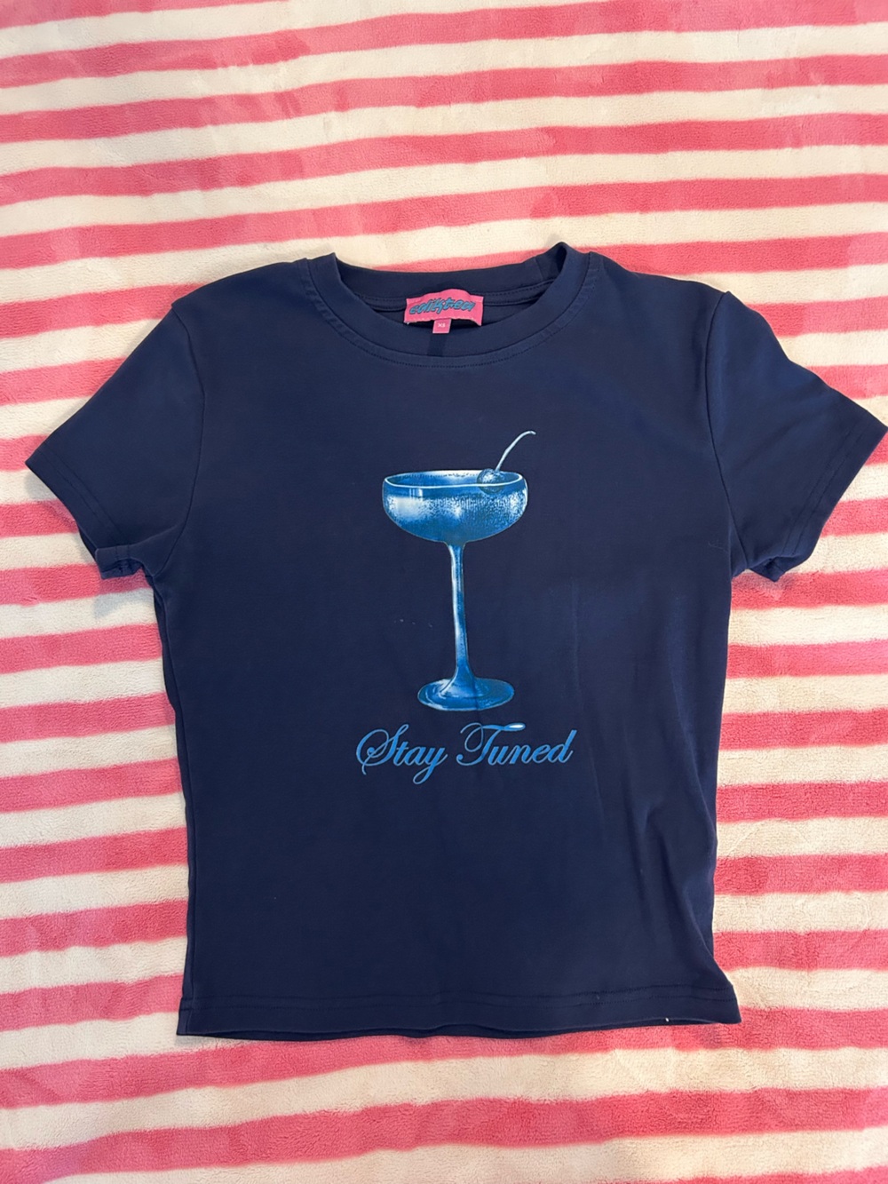 Edikted Navy 'Stay Tuned' Cocktail Graphic Baby Tee